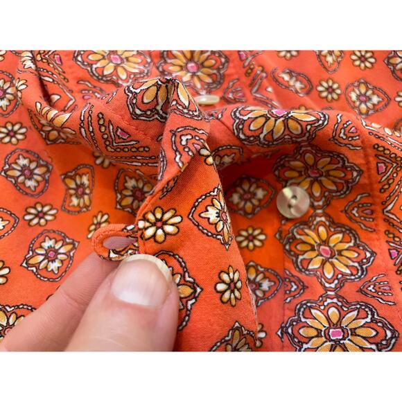 J. Jill Orange Floral Print Short Sleeve Button Down Blouse, Boho, Tassels, XL - Picture 7 of 12